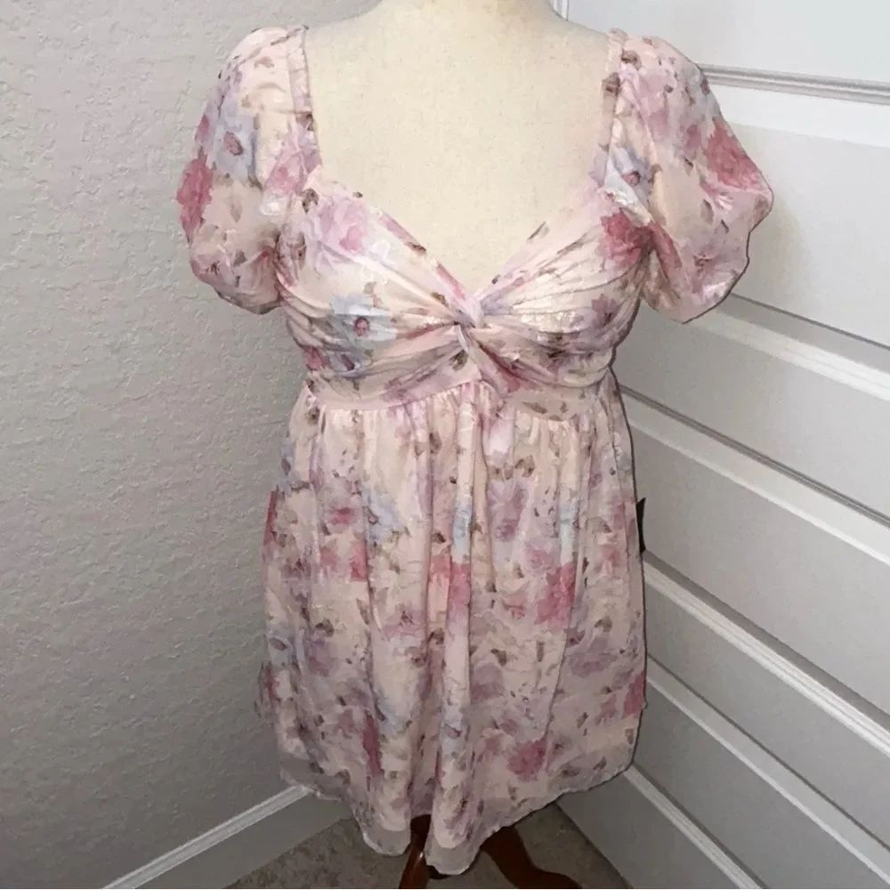 New, Lulus Fresh Florals Print Puff Short Sleeve Mini Dress